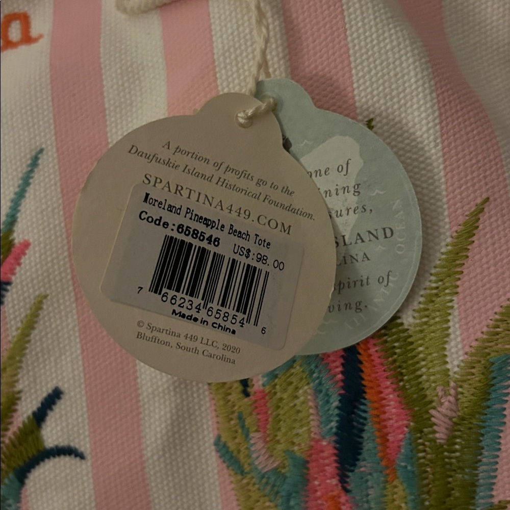 NWT Spartina 449 Pink & White Striped Moreland Pineapple Embroidered Beach Tote - Picture 2 of 8